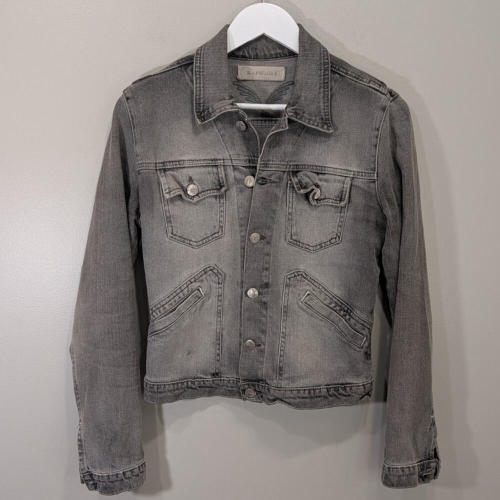 Rapsodia Womens Gray Denim Trucker Jacket Size 2 Distressed Wing Embroidered